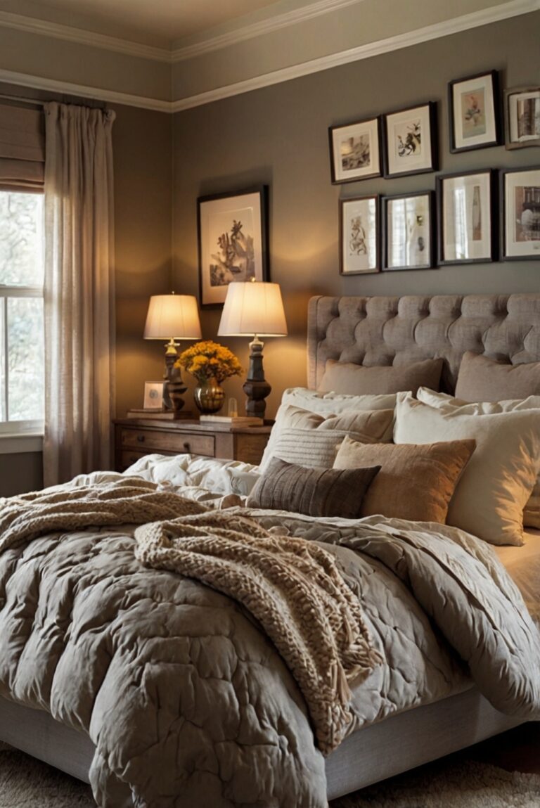 Fall bedroom decor, cozy bedroom ideas, autumn bedroom inspiration, warm bedroom design, elegant bedroom decor