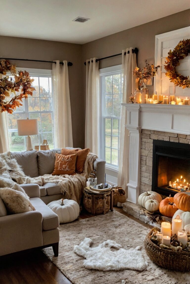 Fall home decor, Stylish living room decor, Cozy autumn living room, Fall decoration ideas, Chic home interior