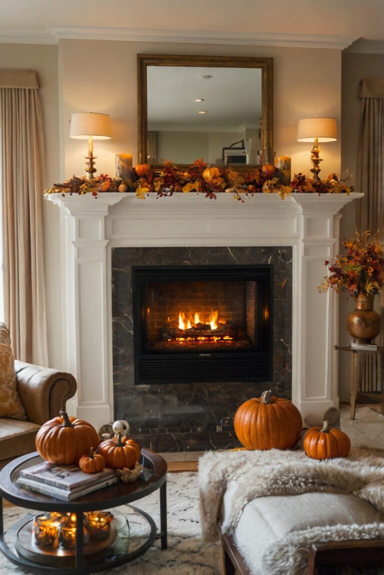 Fall mantel decor, TV mantel decor, Home decor ideas, Chic living room decor, Mantel decorating trends