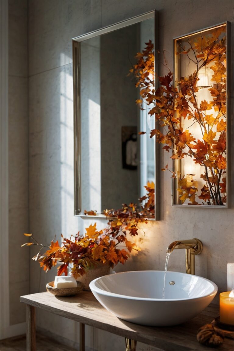 Fall bathroom decor, Bathroom design ideas, Autumn themed bathroom, Seasonal bathroom accents, Cozy bathroom accessories