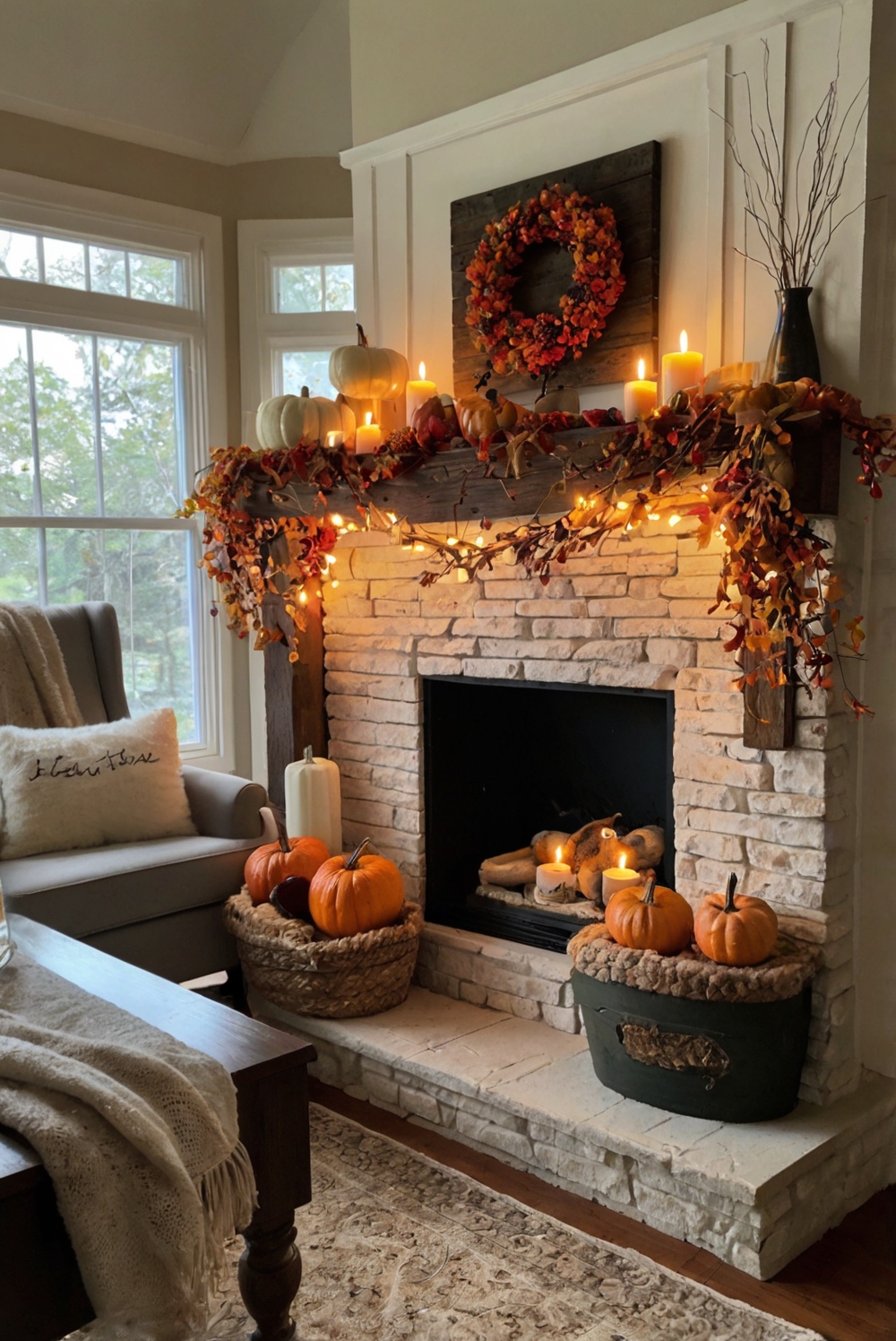 Fall mantel decor, cozy autumn home decor, elegant autumn mantle decor, seasonal fireplace decorations, rustic fall mantelpiece