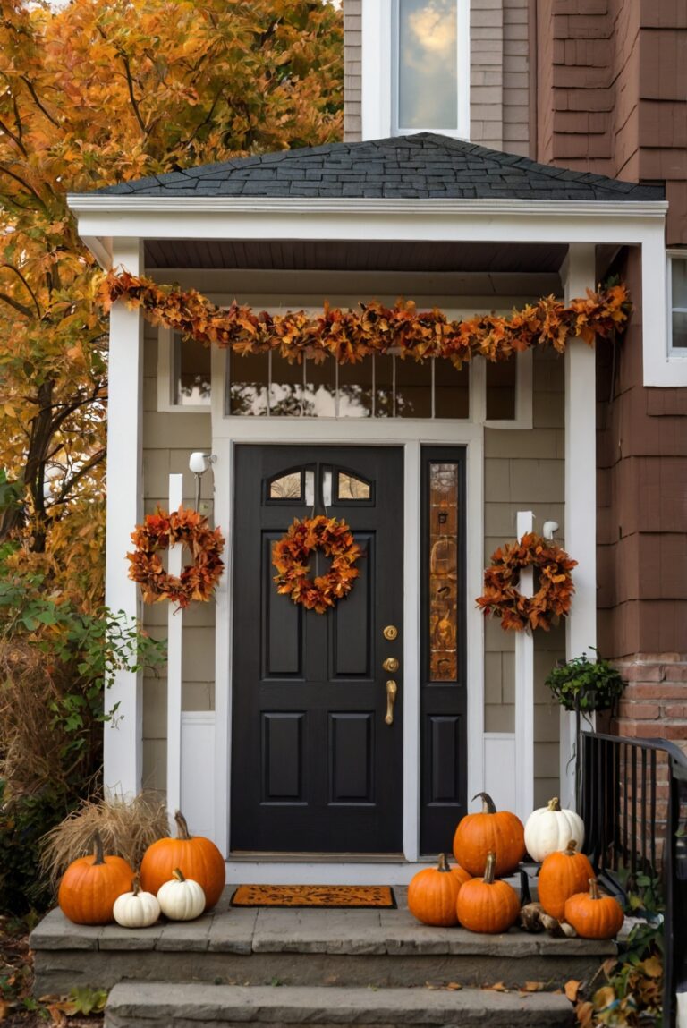 Fall porch decor, Seasonal outdoor decorations, Autumn front door, Harvest home accents, Halloween porch styling