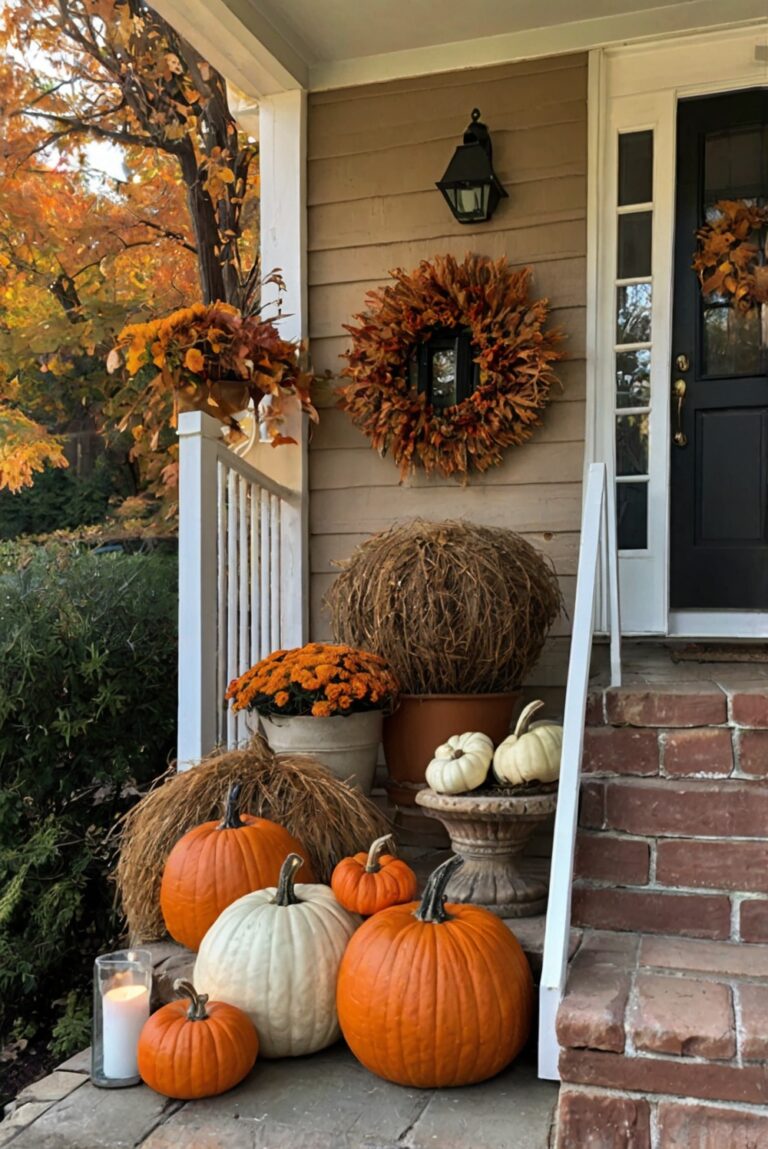 Fall porch decor, Front porch decorating, Outdoor autumn decor, Seasonal porch decorations, Harvest porch ideas