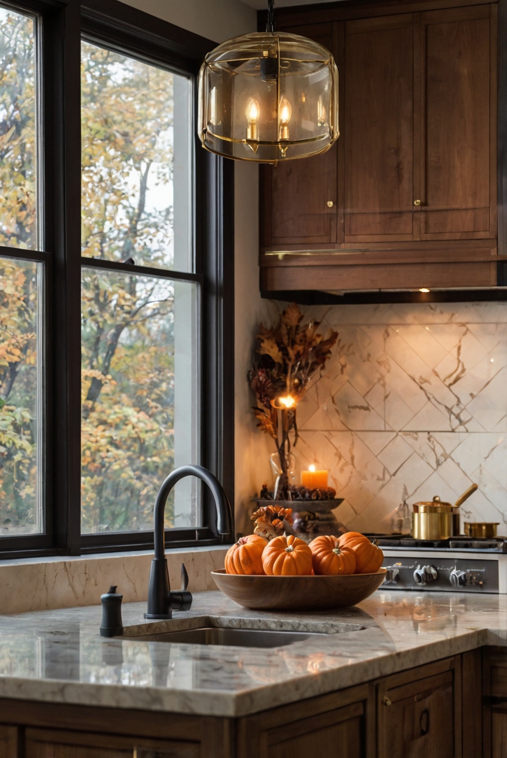 Fall kitchen decor, Autumn kitchen design, Elegant kitchen decorations, Modern fall kitchen ideas, Luxury kitchen upgrades